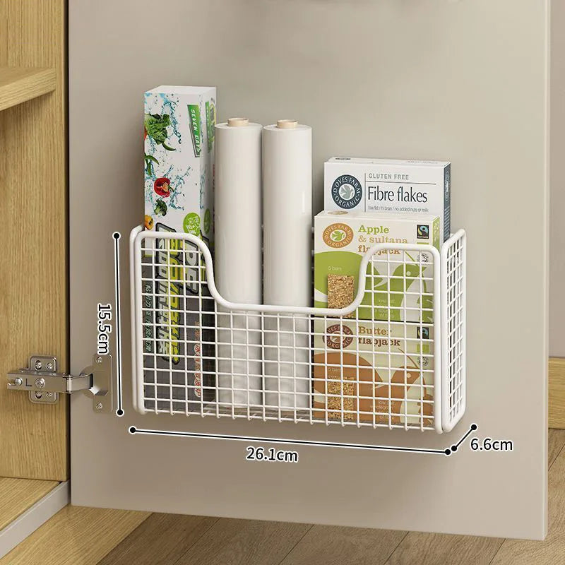 Kitchen Cabinet Door Storage Rack with Punch-Free Mounting Reference, Iron Organizer for Plastic Wrap Storage in White and Black Model Options