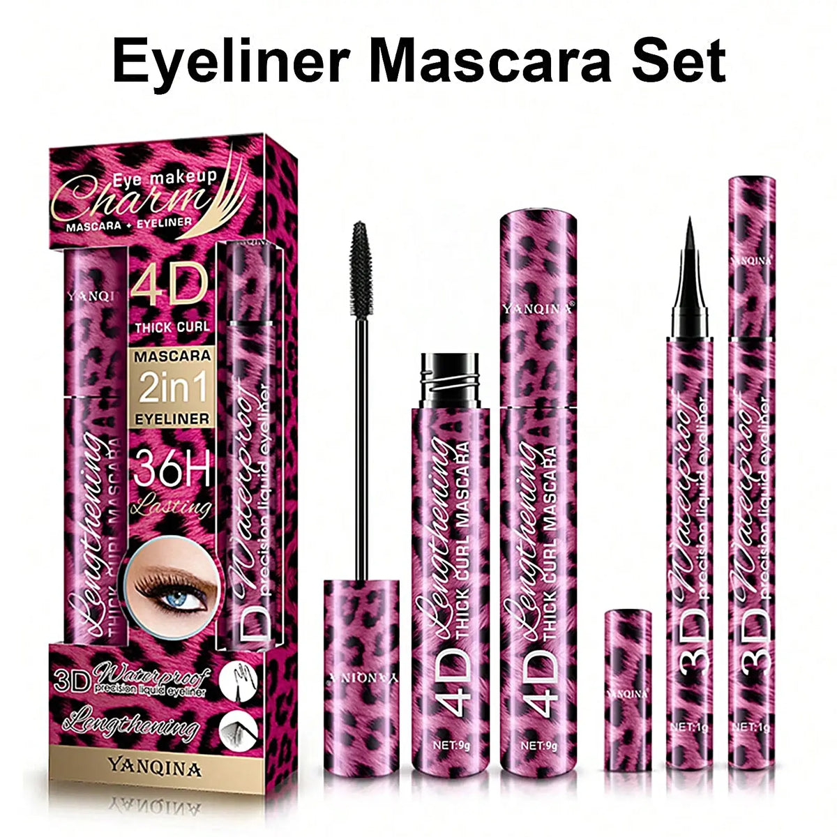 Eyeliner and Mascara Set by YANQINA with Eyebrow Pencil, Liquid Eye Liner and Volumizing Curl-Look Mascara for Everyday and Evening Makeup