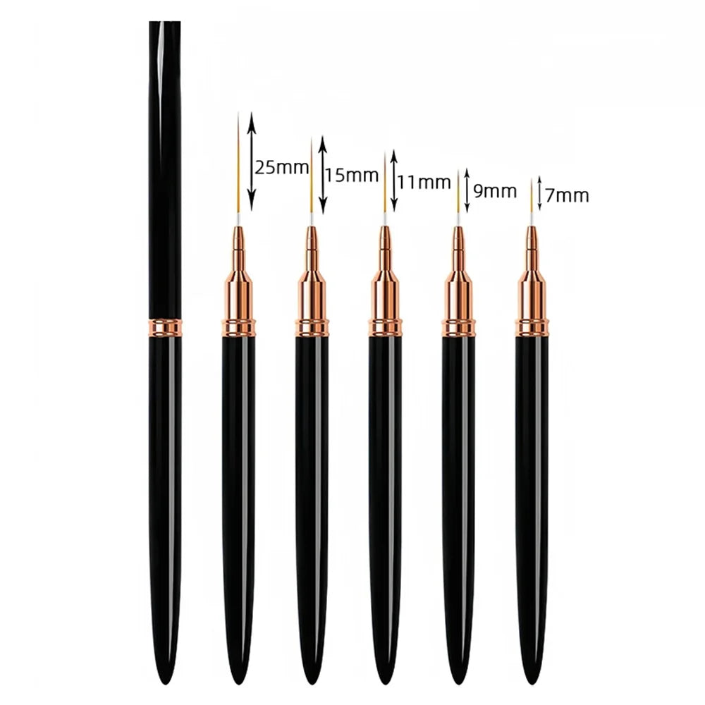 Nail Striping Brush Set, 5 Nail Art Liner Brushes in 7, 9, 11, 15 and 25mm Sizes for Fine Lines, Delicate Patterns and DIY or Salon Manicures