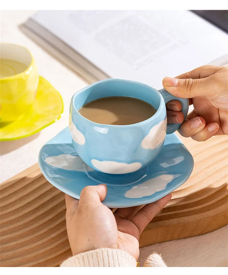 Hand-Painted Ceramic Mug with Irregular Korean-Style Shape and Floral, Heart or Playful Pattern Options for Breakfast Coffee and Afternoon Tea, Cup Only
