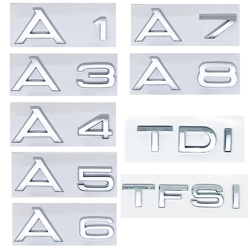 Car Letter Badge Emblem in 3D ABS, Silver or Glossy Black with A1, A3, A4, A5, A6, A7, A8, TDI and TFSI Options for Compatible Trunk and Fender Decoration