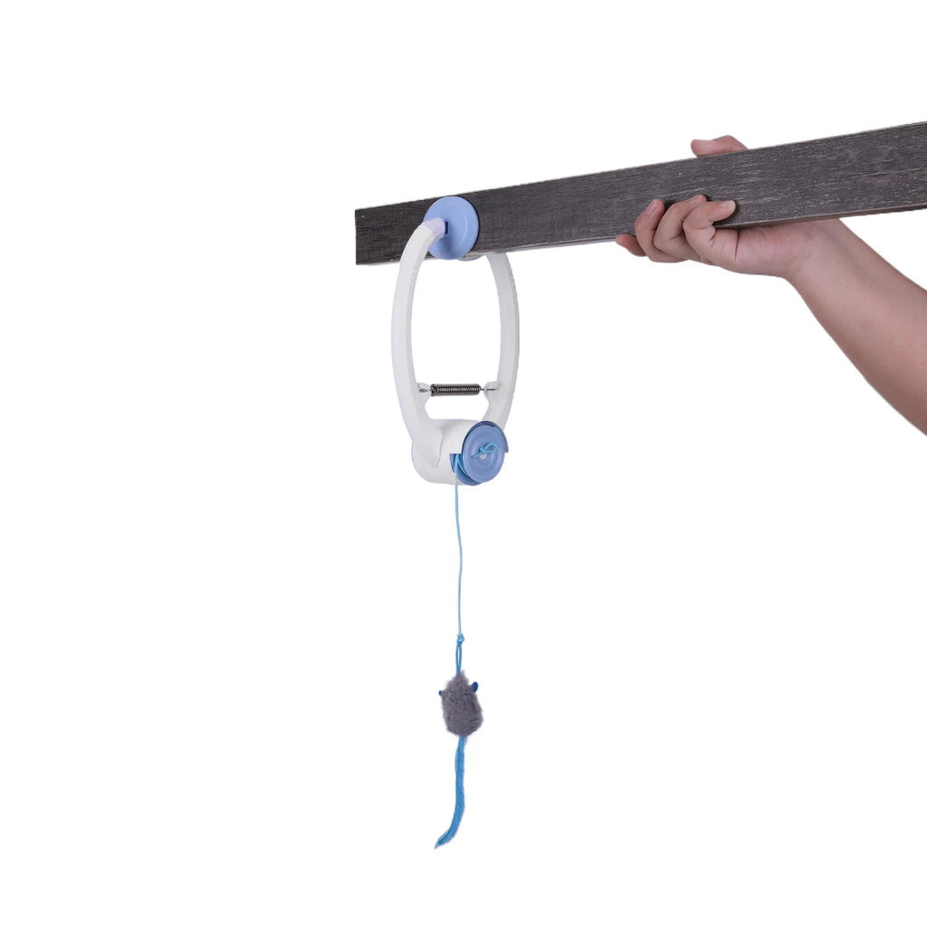 Rechargeable Door Hanging Cat Toy with Three Modes, Retractable Teaser Rope and Three Catnip Mouse Accessories, Blue Indoor Toy for Supervised Play