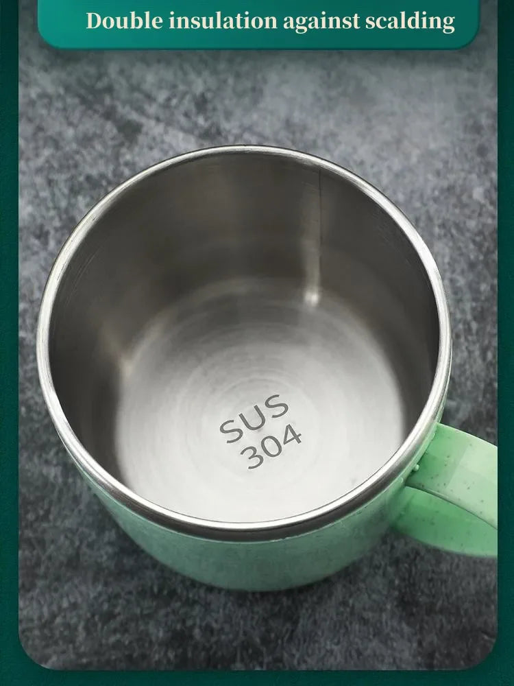 220ml Stainless Steel Mug with Plastic Handle and Double-Layer Design, Single Coffee, Tea and Milk Cup in Blue, Green, Pink or Beige for Home and Office
