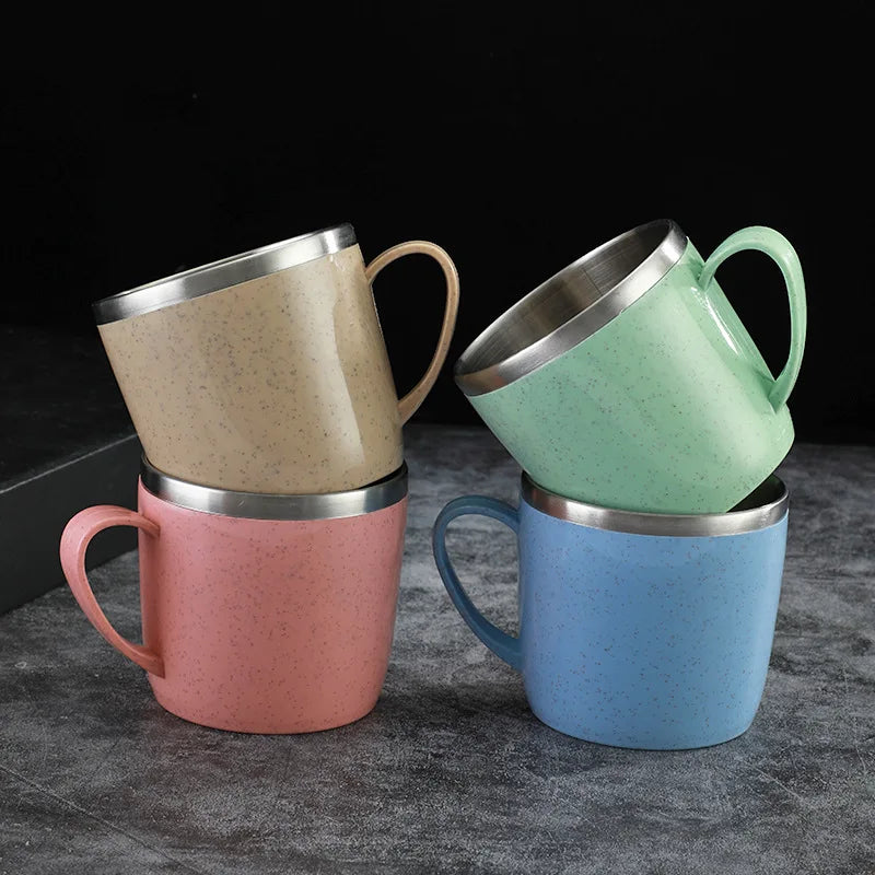 220ml Stainless Steel Mug with Plastic Handle and Double-Layer Design, Single Coffee, Tea and Milk Cup in Blue, Green, Pink or Beige for Home and Office