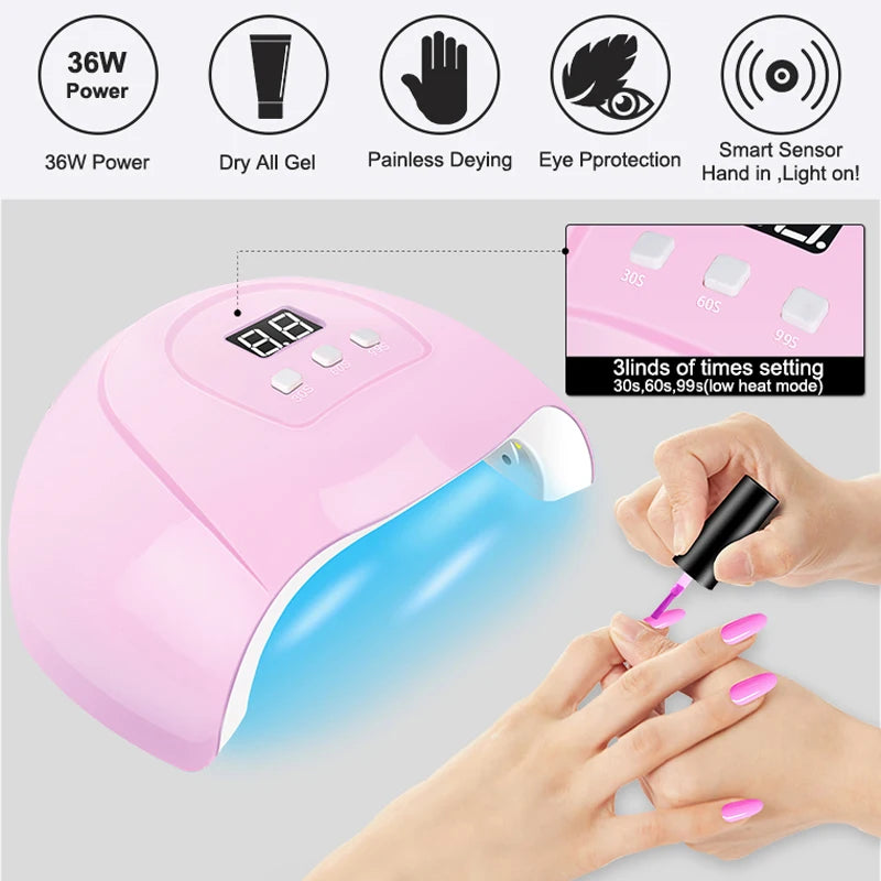 Soak-Off Gel Varnish Kit by LNWPYH with 10 Listed Polish Colors, One Base Coat, One Top Coat and UV LED Sensor Lamp for Adult Home Manicure Designs