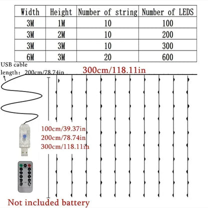 LED Curtain String Lights with Remote, USB 5V Fairy Lights with 8 Modes, Six Color Options and 100–600 LEDs for Bedroom, Wedding and Christmas Decor