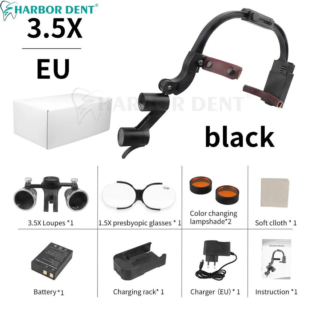 Headband Dental Loupes with LED Light, Binocular Magnifier in 2.5X or 3.5X Options with US or EU Selections and Four Colors for Professional Use