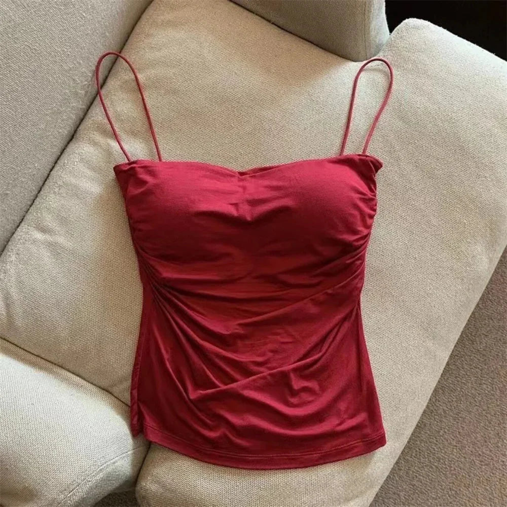 Women's Fixed Pad Crop Top with Thin Straps, Sleeveless Polyester Casual Tank in Red, Black, White or Grey, One Size for Layering and Going-Out Outfits