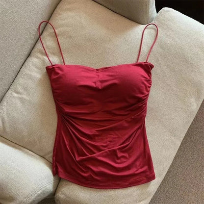 Women's Fixed Pad Crop Top with Thin Straps, Sleeveless Polyester Casual Tank in Red, Black, White or Grey, One Size for Layering and Going-Out Outfits