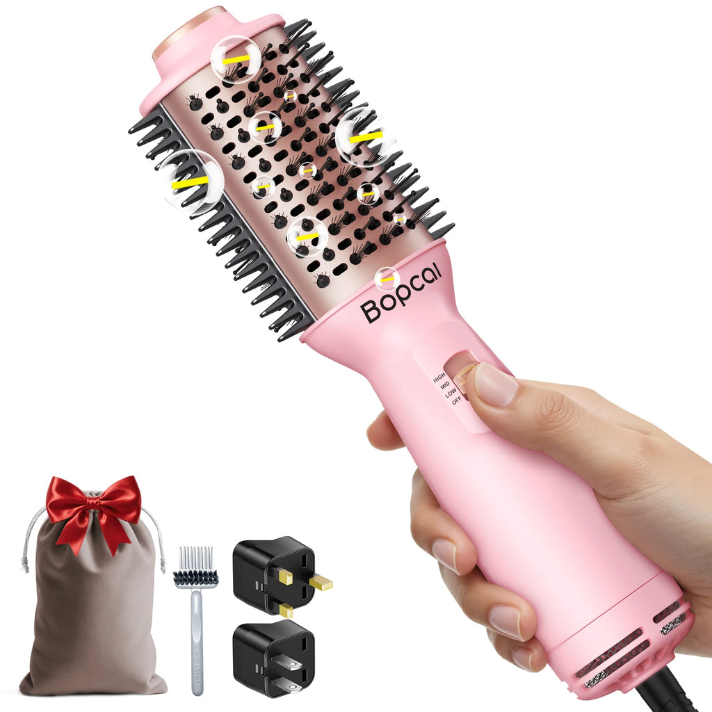 Dual Voltage Travel Hair Dryer Brush, Pink 4-in-1 Compact Hot Air Styler with Listed 100–240V Operation, Three Heat and Airflow Modes and US, EU or UK Plug Choices