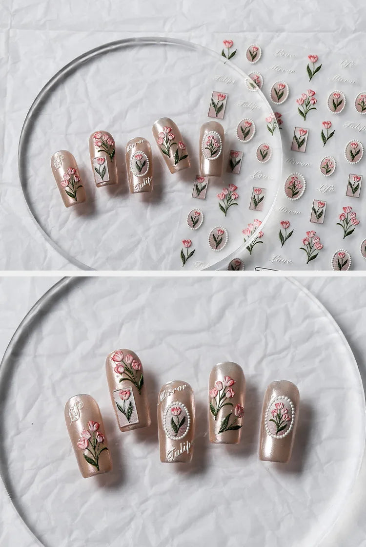 1Pcs 5D Tulip Flower Nail Stickers Embossed Self Adhesive Summer Design For Women Household Salon Manicure Supply