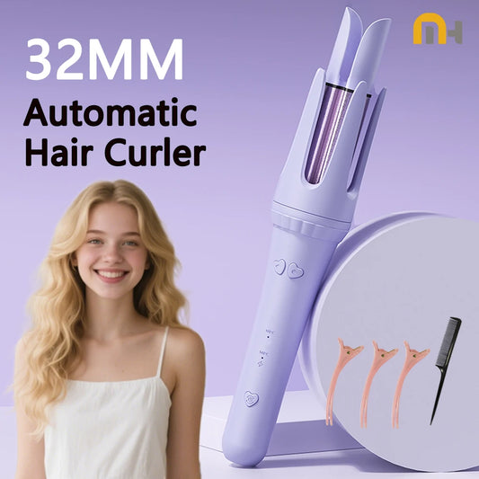 32mm Automatic Curling Iron with Four Listed Heat Settings, PTC Heating and Ceramic Wand Reference in Pink, Purple or Beige with Plug and Box Options