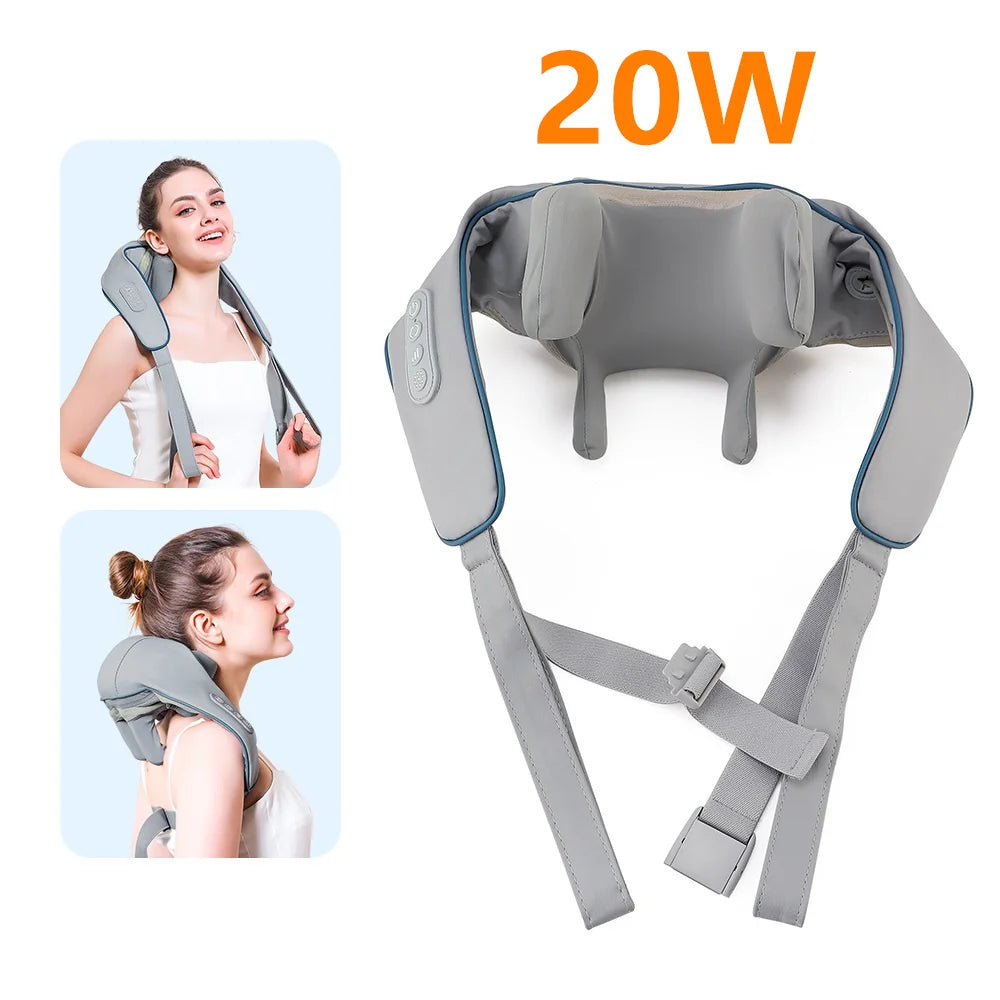 Rechargeable Neck and Shoulder Massage Shawl with Listed Two Modes, Adjustable Straps and Back Buckle, 20W or 26W Kneading Models in White, Grey and Brown Options