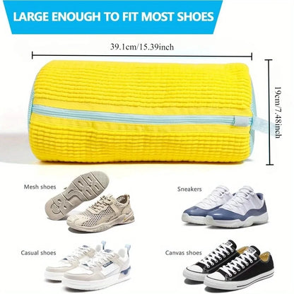 Padded Shoe Washing Bag in Polyester with Fluffy Fiber and Net Design, Single Laundry Accessory in 39X19 Gray or Yellow for Compatible Machine-Washable Footwear