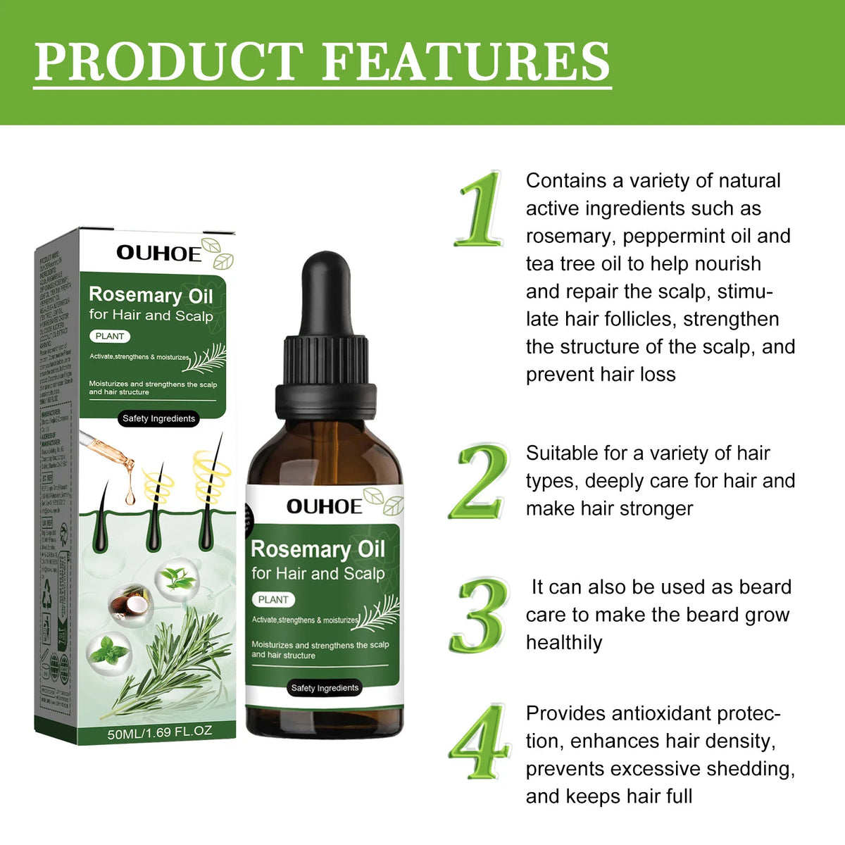 Rosemary Mint Hair Oil for Men and Women, Cosmetic Hair Care for At-Home Self-Care Routines with Single, Three and Five Piece Options