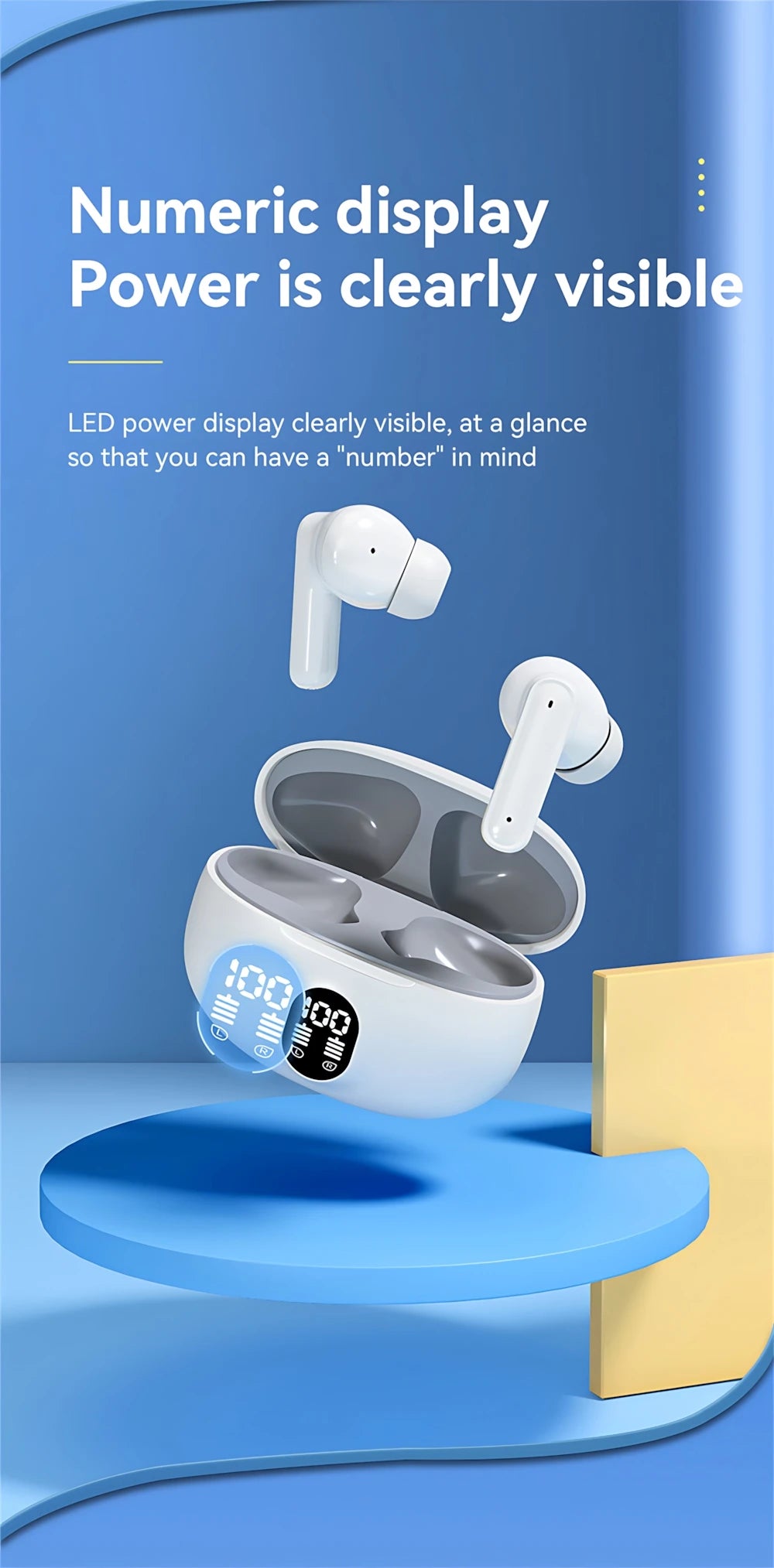 Mini Slim Bluetooth Earbuds with LED Battery Display Charging Case, TWS In-Ear Stereo Earphones with Microphone in Skin, Black or White for Music and Calls