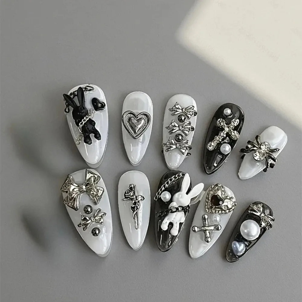 10pcs personalized black and white nail art, rabbit and bow decoration - Gothic minimalist style, suitable for daily wear