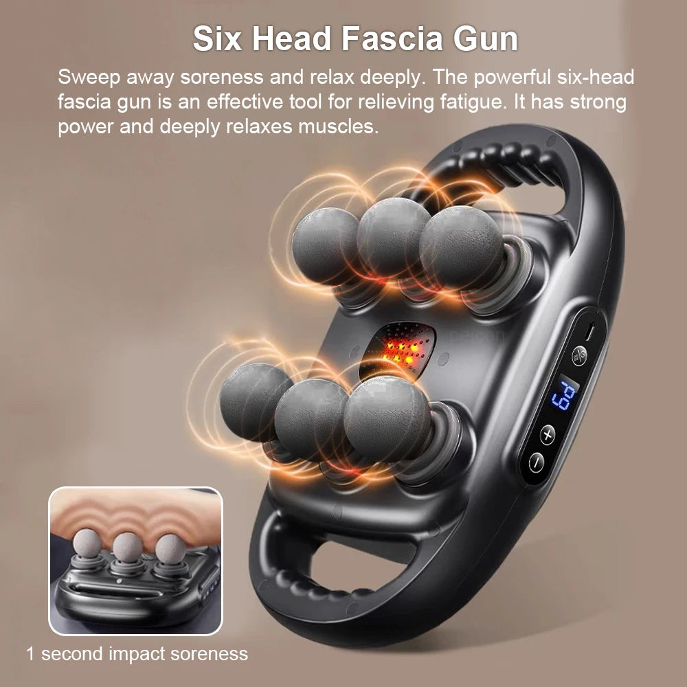 Six-Head Touchscreen Massage Gun with Integrated Contact Design, Nine Intensity Levels, Nine Massage Modes and Listed 10-Minute Auto-Off, White or Black