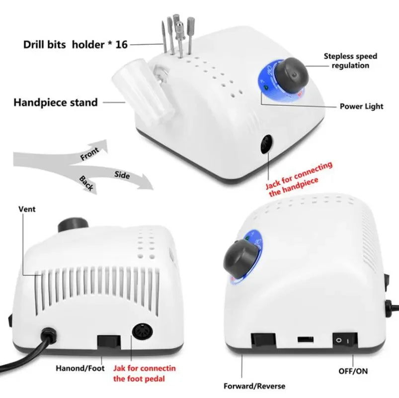 Electric Nail Drill Machine Kit with Listed 65W Input and 45,000 RPM Maximum, Handpiece, Foot Switch and Six Bits, Strong 210 Pro IV Reference and EU Plug