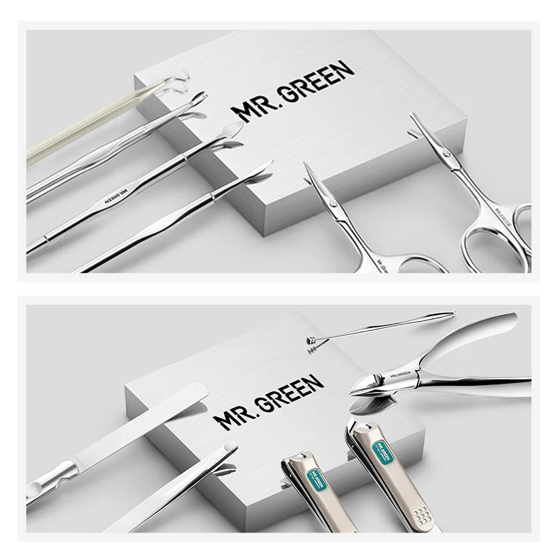 Stainless Steel Manicure Kit MR.GREEN Mr-6012 with Listed 12-in-1 Design and Portable Leather Case for Adult Nail Care, Pedicure and Travel Organization