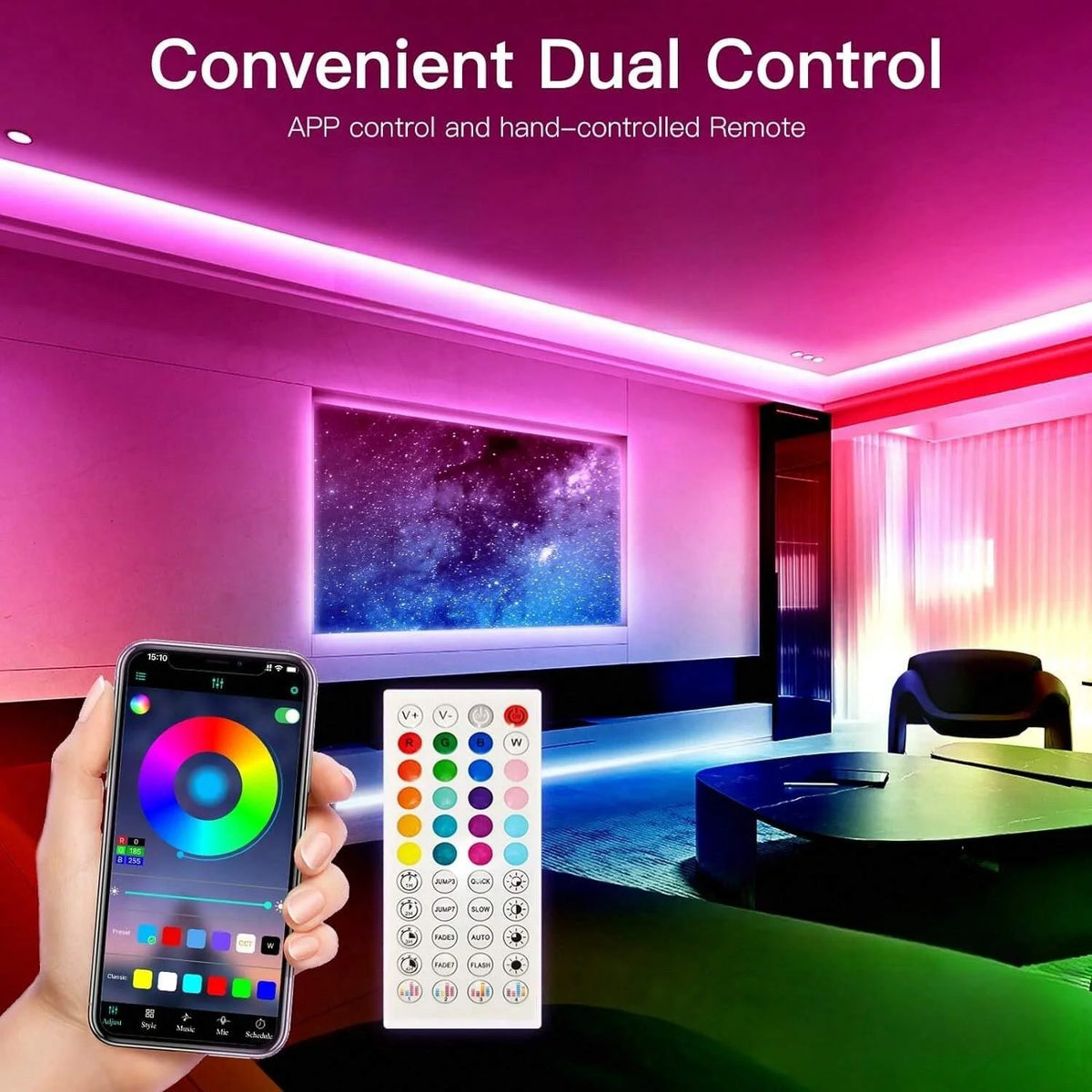 SMD 5050 RGB Bluetooth Light Strip with 5V USB Power, App-Only or 24-Key and 44-Key Remote Options in Six Lengths for Dry Indoor TV and Room Accent Decor