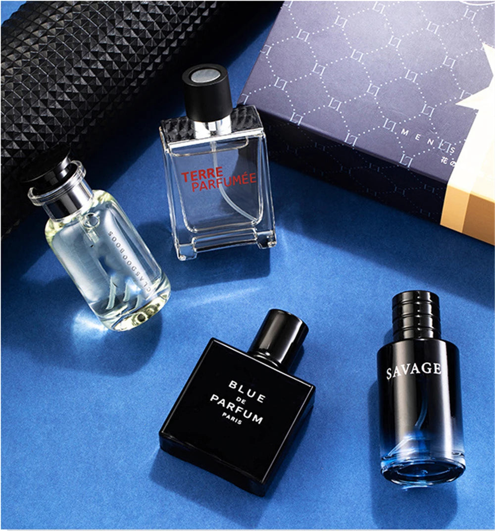 Mens Cologne Spray with 100ml Option Label and Floral Fruity Scent Reference, Gift Box and Four-Piece Set Wording for Personal Fragrance and Gift Selection