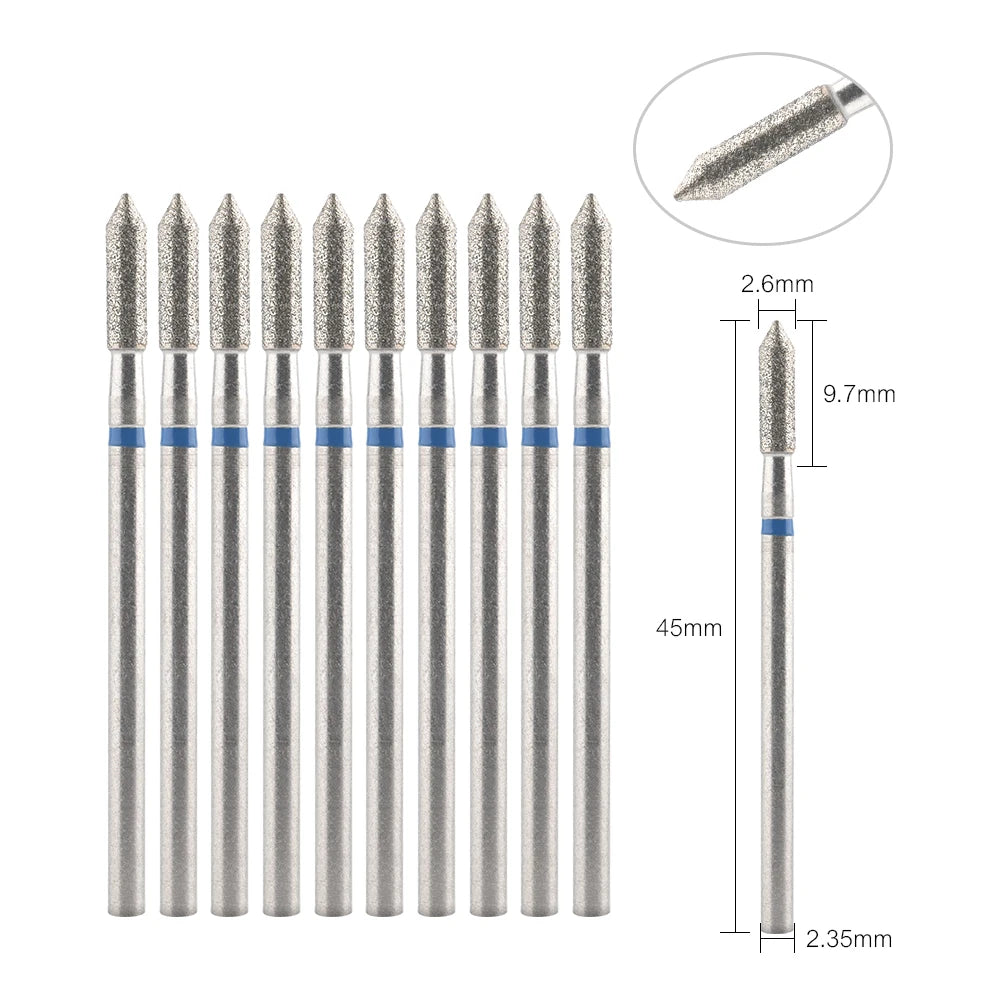 Diamond Nail Drill Bits, Listed 10-Piece Milling Accessories with 2.35mm Shanks, A-Series and Grade-Labeled Options for Professional Electric Manicure Filing