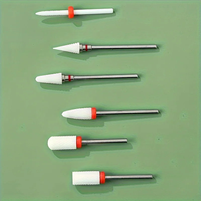 Ceramic Nail Drill Bits Set, 6-Piece Milling Cutter Accessories with Flame and Corn Shape References for Electric Manicure and Pedicure Tools
