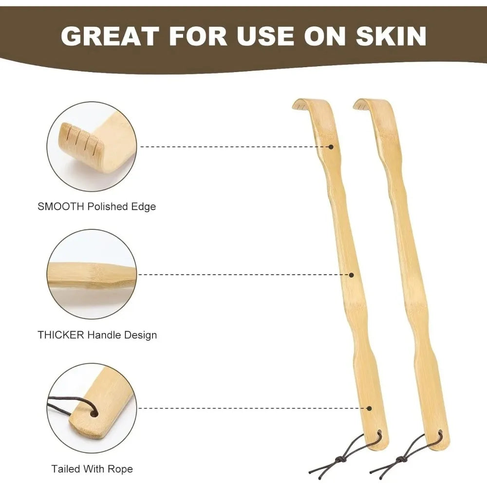 Bamboo Back Scratcher Set of Three with Listed 18.3 Inch Long Handles, Battery-Free Manual Personal Care Tools for Adult Home Use and Practical Gifts