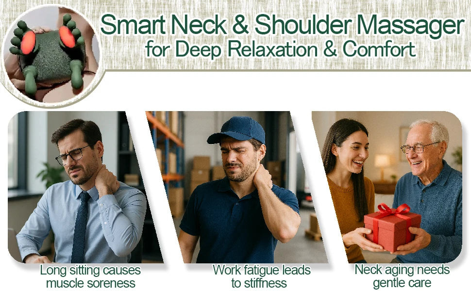 Heated Kneading Neck and Shoulder Massager, Moss Green Wireless Shawl with Brushless Motor, Three Massage Levels, Two Heat Settings and 2000mAh Battery