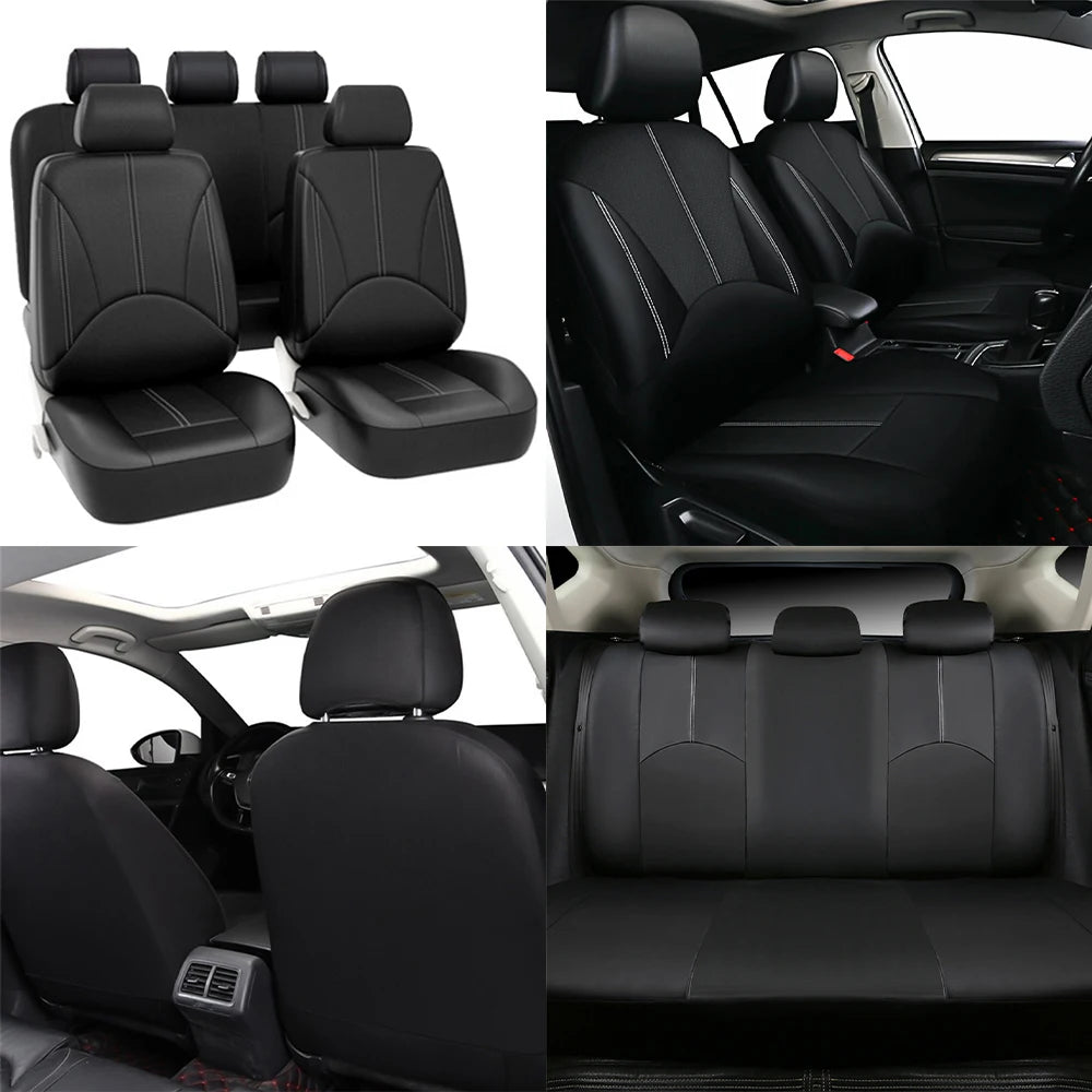 PU Leather Car Seat Cover Set, Nine-Piece Layout with Five Headrest Covers, Two Front Seat Covers and Separate Rear Bench Pieces for Compatible Interiors