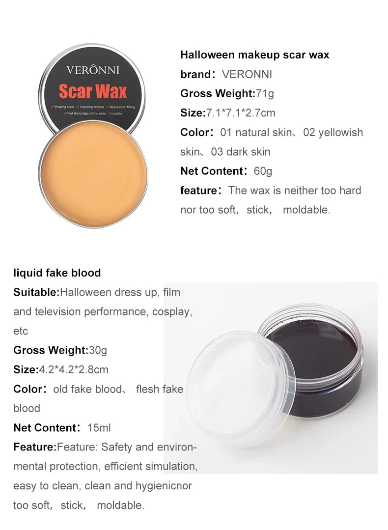 Scar Wax SFX Makeup Options with Listed 60g Wax and Light, Natural or Dark Skin Shade References for Halloween Costumes, Stage and Simulated Wound Effects