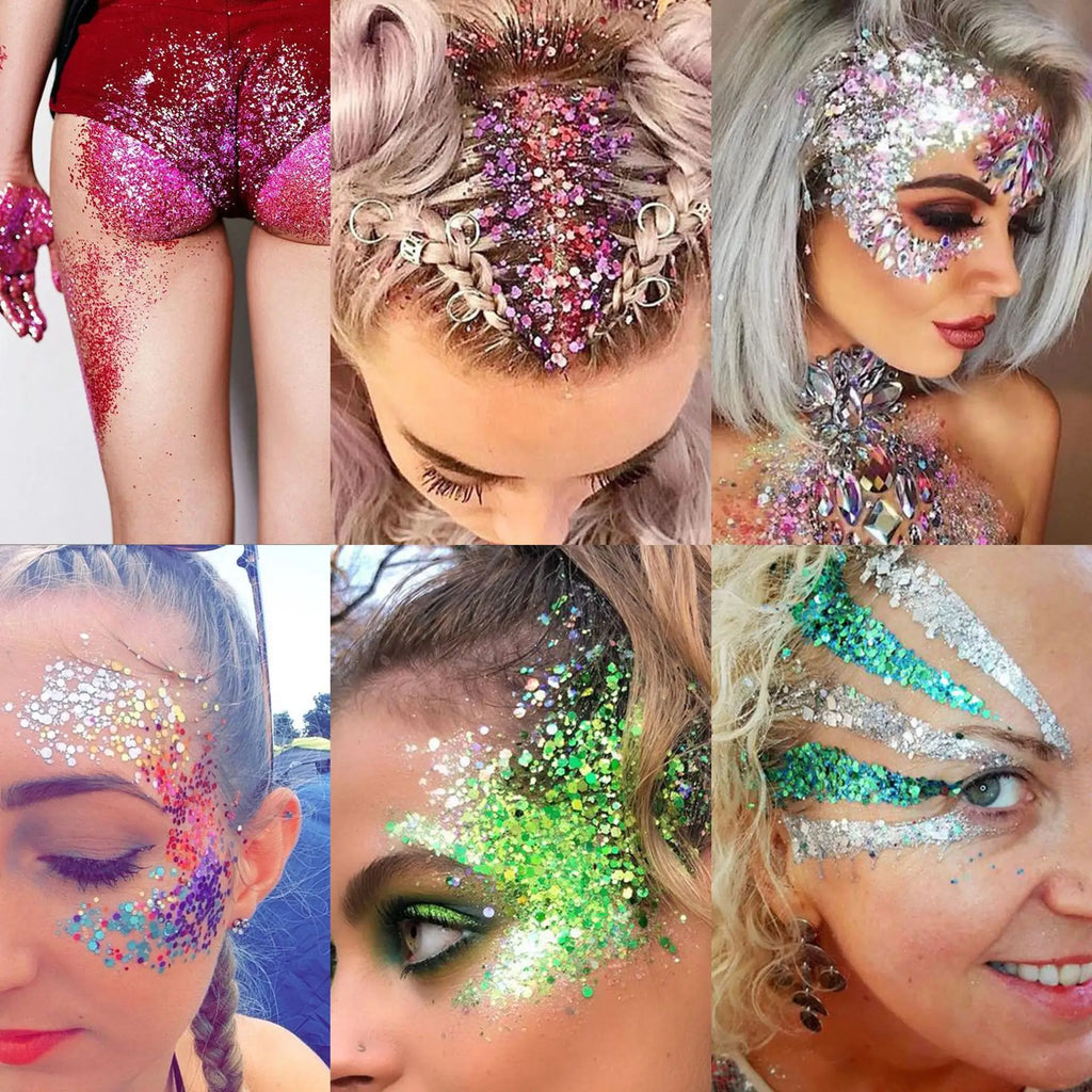 Glitter Gel Makeup Palette Options for Face and Body Art, Twelve Coded Selections with Sequin and Holographic References for Festival, Carnival and Stage Looks