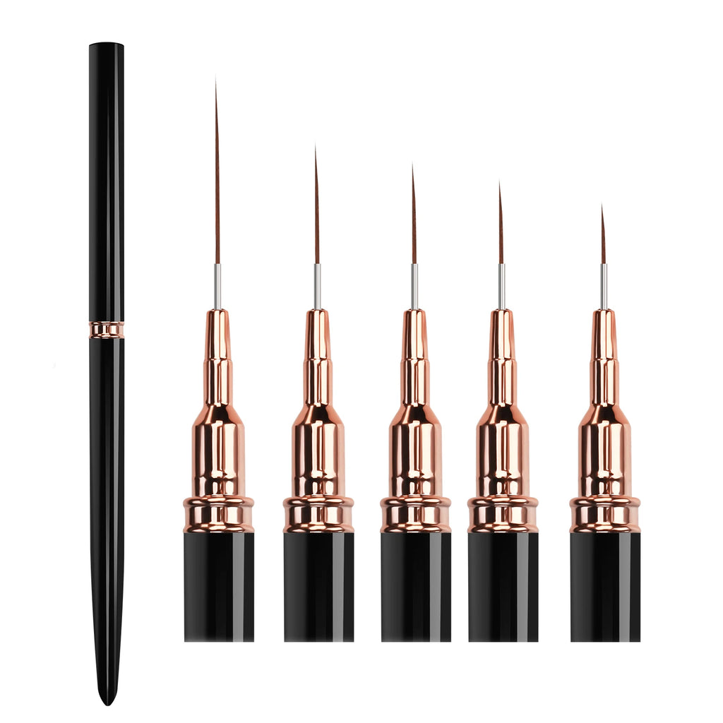 Fine-Line Nail Art Brush Set, 5 Nylon Striping Brushes in 7, 9, 11, 15 and 25mm Sizes for Gel Painting, Floral Designs and DIY Manicure