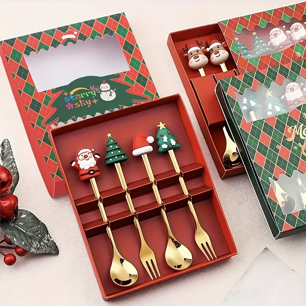 Christmas Spoons and Forks Set in Stainless Steel with 2, 4 or 6-Piece Spoon-Only and Mixed Options for Festive Coffee, Tea, Dessert Tables and Holiday Gifts
