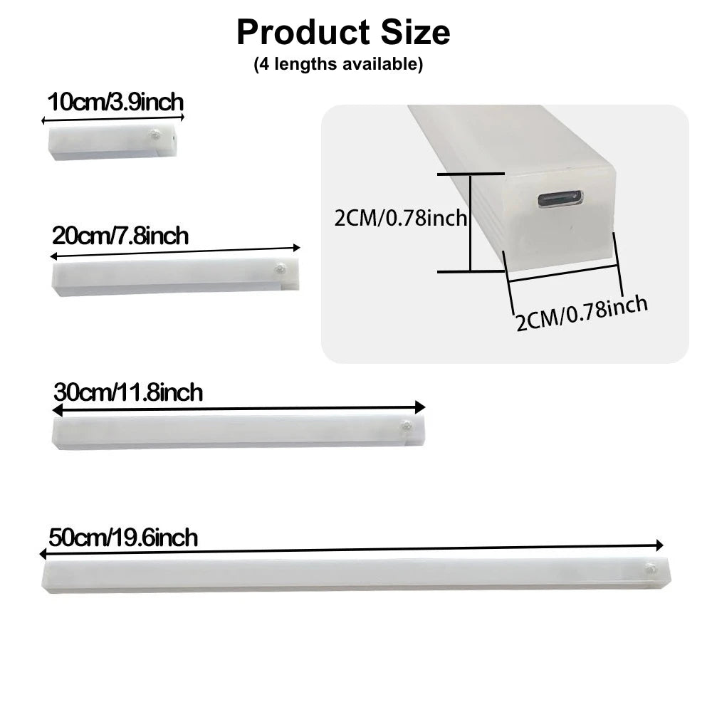 USB Rechargeable Motion Sensor Light Bar with Magnetic Mounting, Cordless LED Cabinet Lamp in 10, 20, 30 or 50cm Lengths with White Lighting Options