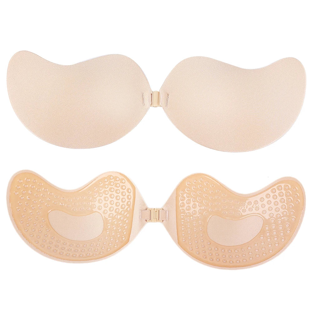 Backless Strapless Adhesive Bra for Women with Silicone Cups and Front Closure, Reusable Wire-Free Design in Black or Skin Tone, A–D Sizes