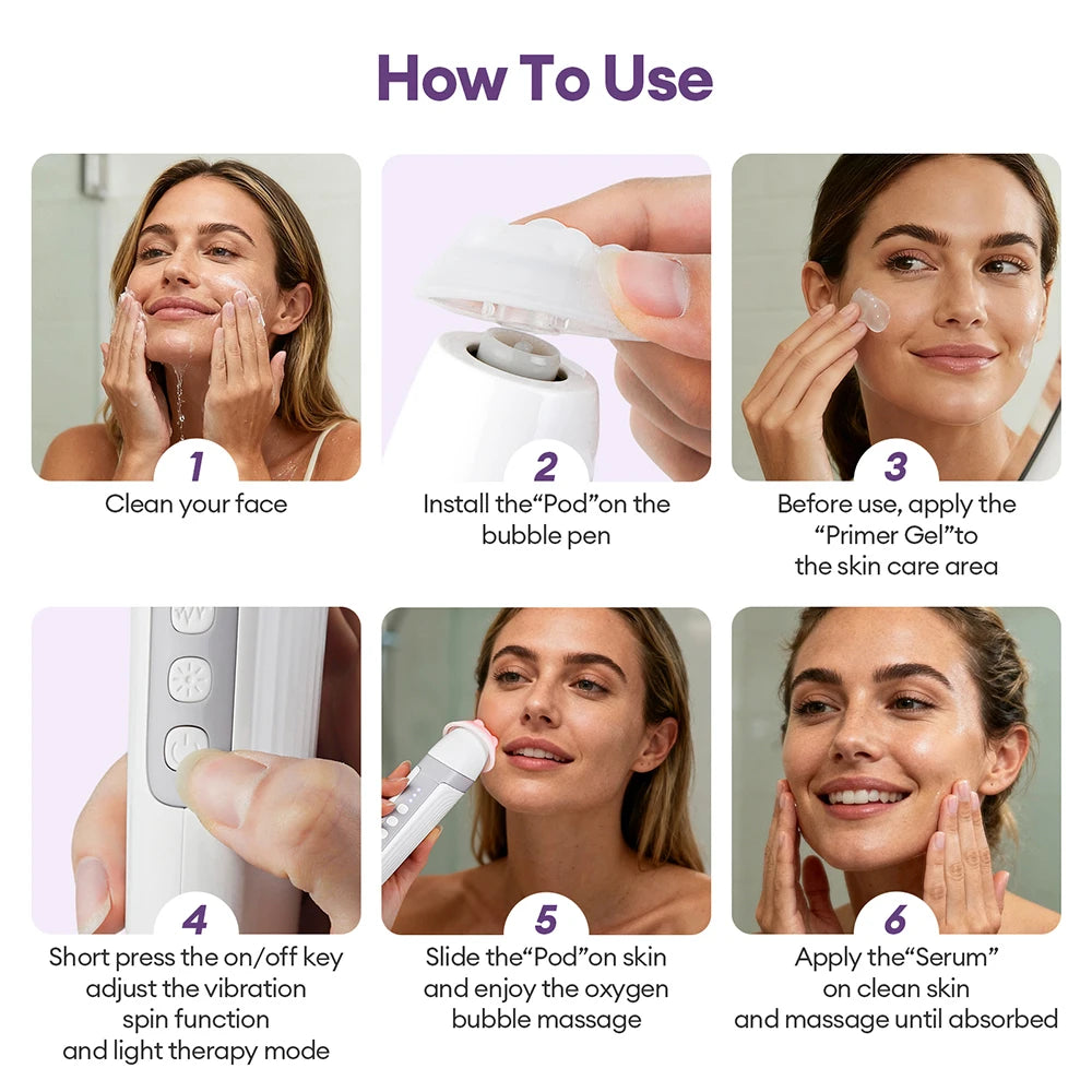 Four-Head Bubble Facial Pen in White with Silicone Massage Tips, Five Vibration and Spin Levels, Eight LED Modes and Type-C Rechargeable Design