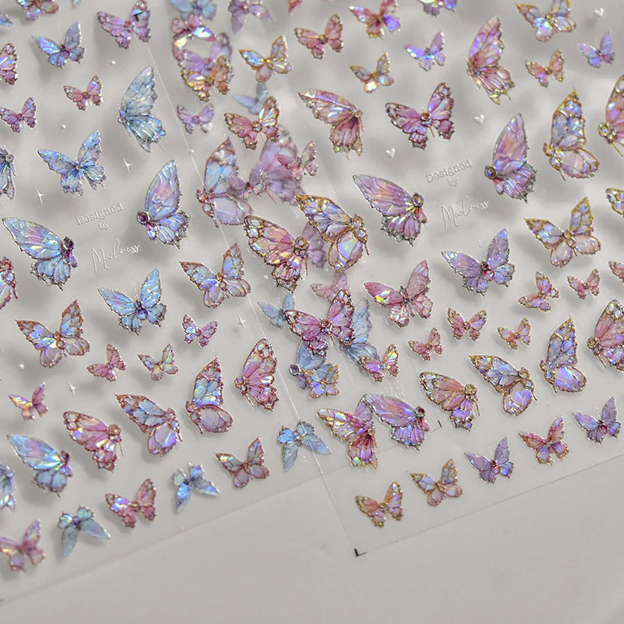 Butterfly 5D Nail Art Stickers, Kawaii Japanese-Inspired Glitter Shell Aurora Style Manicure Decals in Four Design Options for DIY Nail Decoration