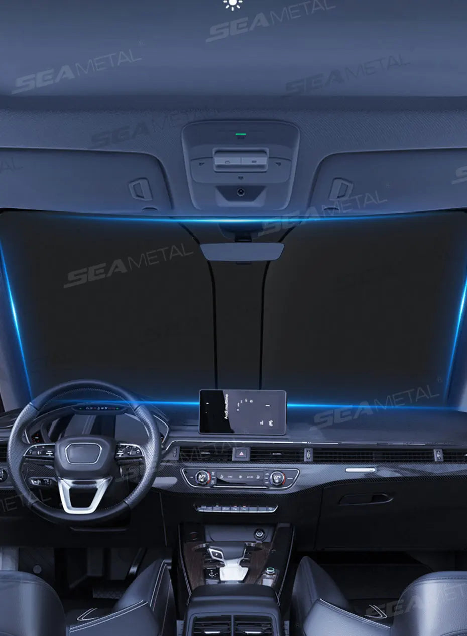 SEAMETAL Foldable Windshield Sun Shade in Silver with Reflective Material, Mirror Cutout and Wire Support, Small or Large Options for Parked Cars