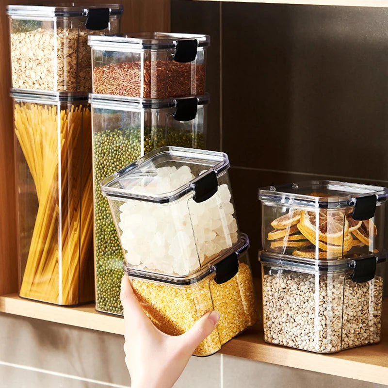 Clear Pantry Storage Jars with White or Black Covers, Five Capacity Options from 460ml to 1800ml and Single-Size Packs or Mixed Five-Size Kitchen Sets