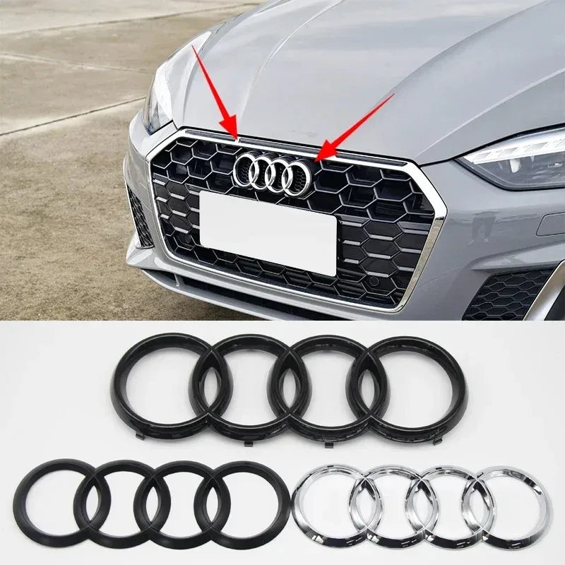 Four Ring Car Emblem for Select Audi Front and Rear Styling, Single ABS Badge in Matte Black, Glossy Black or Silver with Multiple Size Options