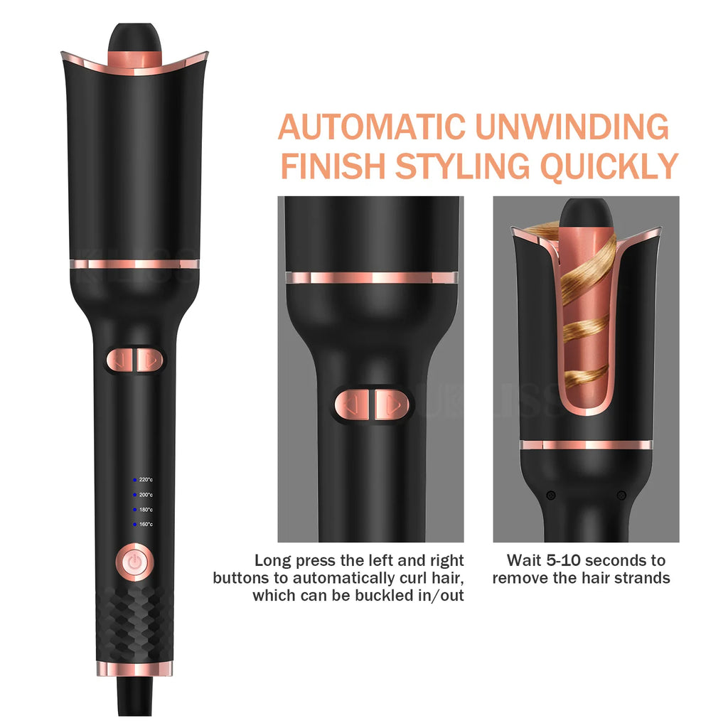 Auto-Rotating Ceramic Curling Iron by TINSOL, 34W Plug-In Hair Styler with Three Heat Settings, Tourmaline Ceramic Heating Surface and 2-Meter Cord