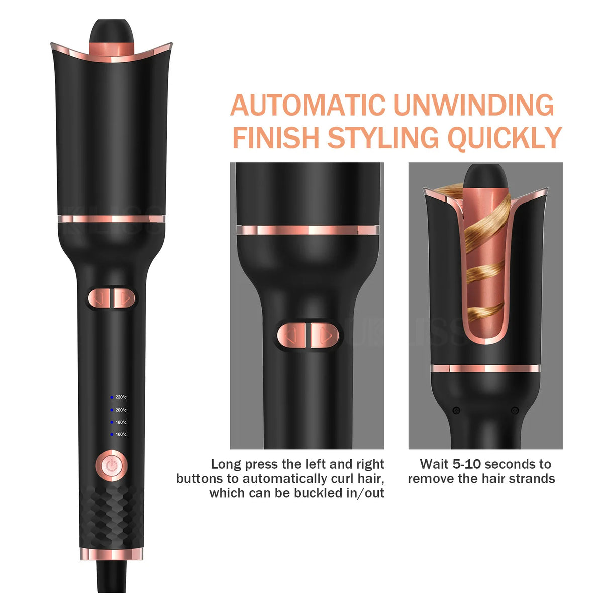 Auto-Rotating Ceramic Curling Iron by TINSOL, 34W Plug-In Hair Styler with Three Heat Settings, Tourmaline Ceramic Heating Surface and 2-Meter Cord