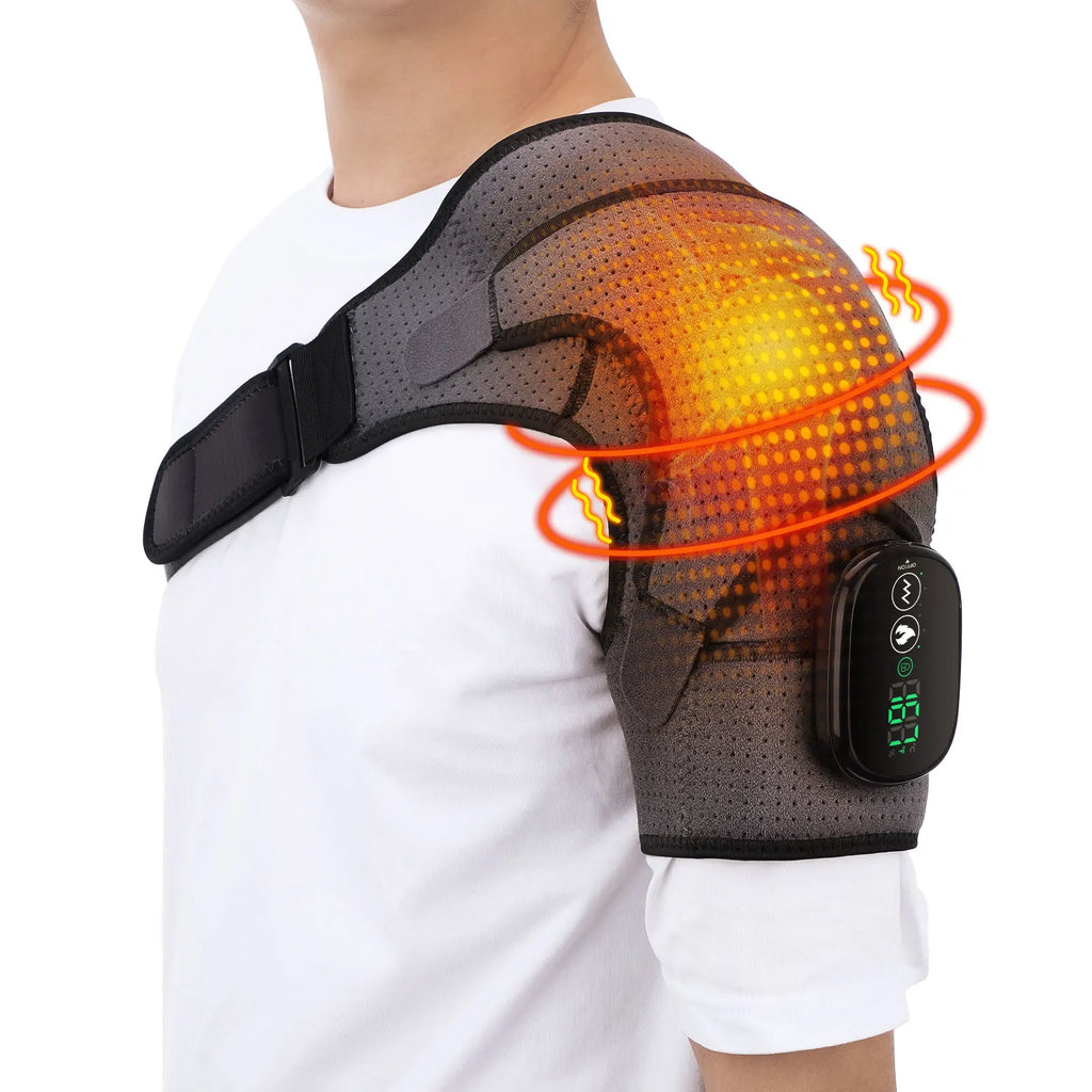 Electric Shoulder Heating Belt with Listed Adjustable Massage and Support Wrap Design, Gray, Black or Black-and-Gray Options for Adult At-Home Personal Care
