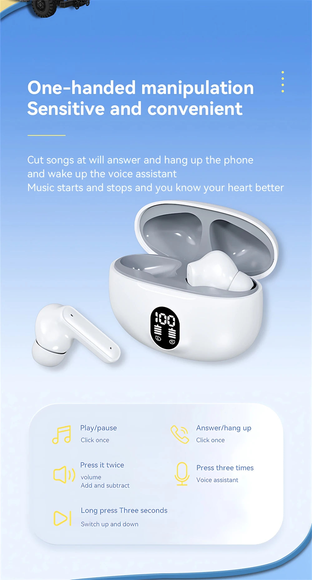 Mini Slim Bluetooth Earbuds with LED Battery Display Charging Case, TWS In-Ear Stereo Earphones with Microphone in Skin, Black or White for Music and Calls