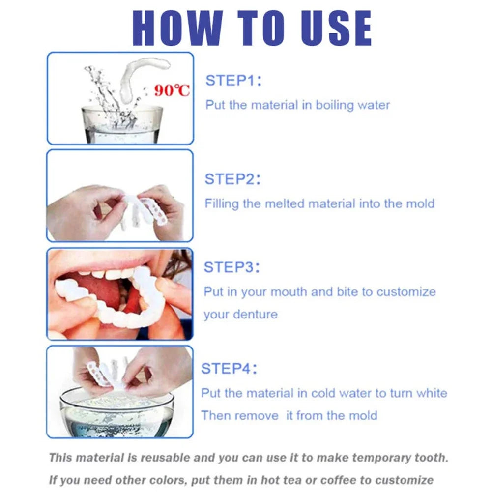 White Cosmetic Teeth Cover, Temporary False-Teeth Appearance and Denture-Style Listing with Material, Fit and Retention Requiring Professional Dental Review