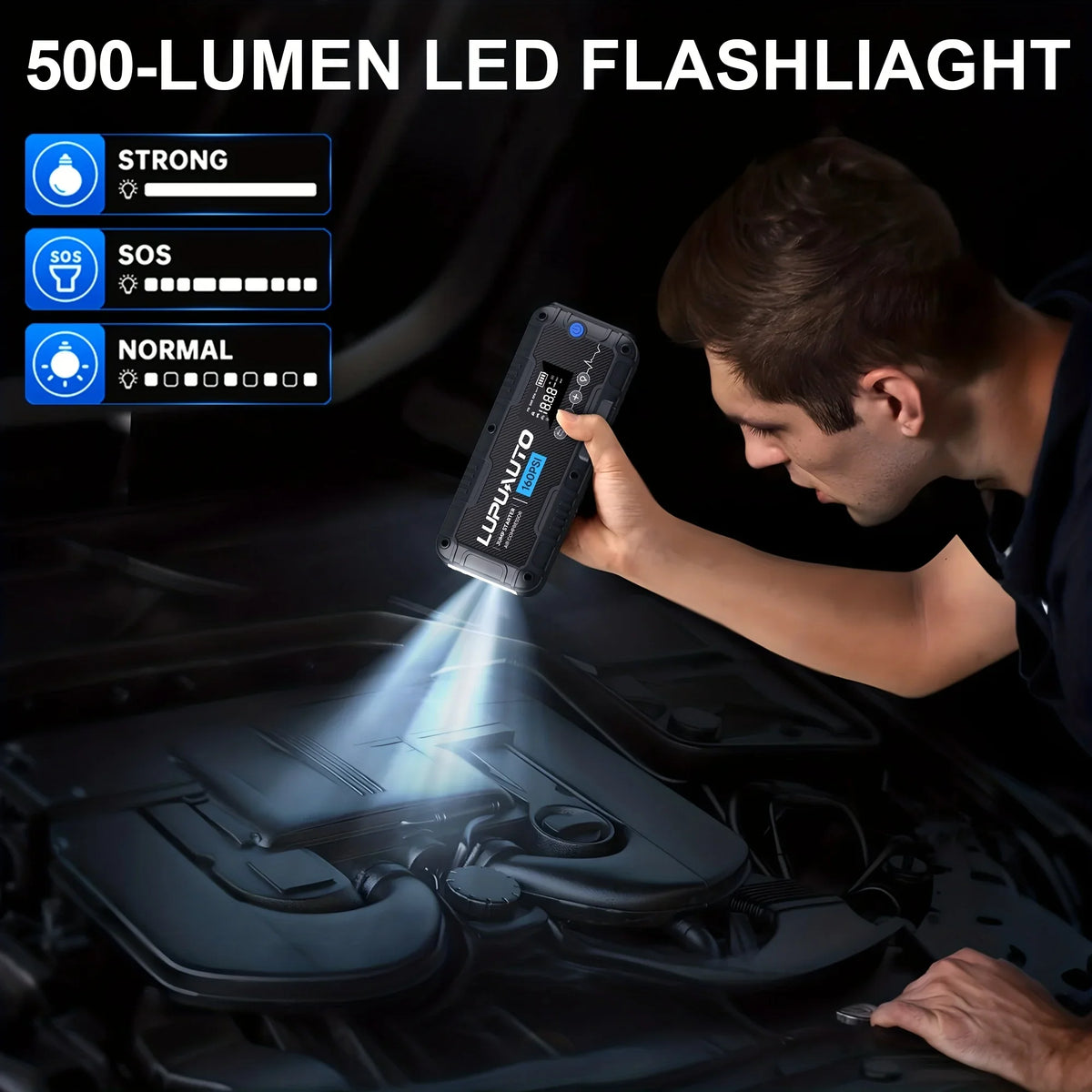 Car Jump Starter with Air Compressor and LED Light, 4000A Labeled Four-in-One Portable Unit with Power Bank Function and Listed 160 PSI Maximum Pressure