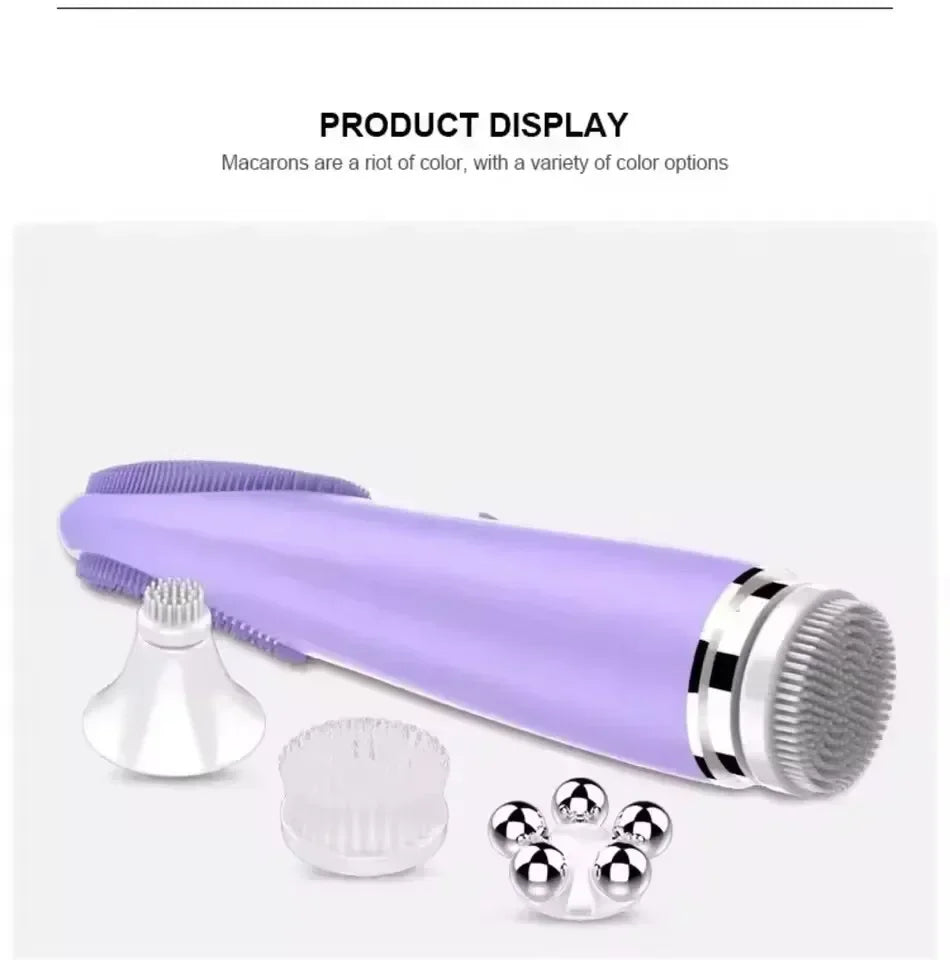 Heated Facial Cleansing Brush with USB Charging and Three Mode References, Silicone, Bristle and Rolling Head Descriptions with Three Single-Piece Option Labels