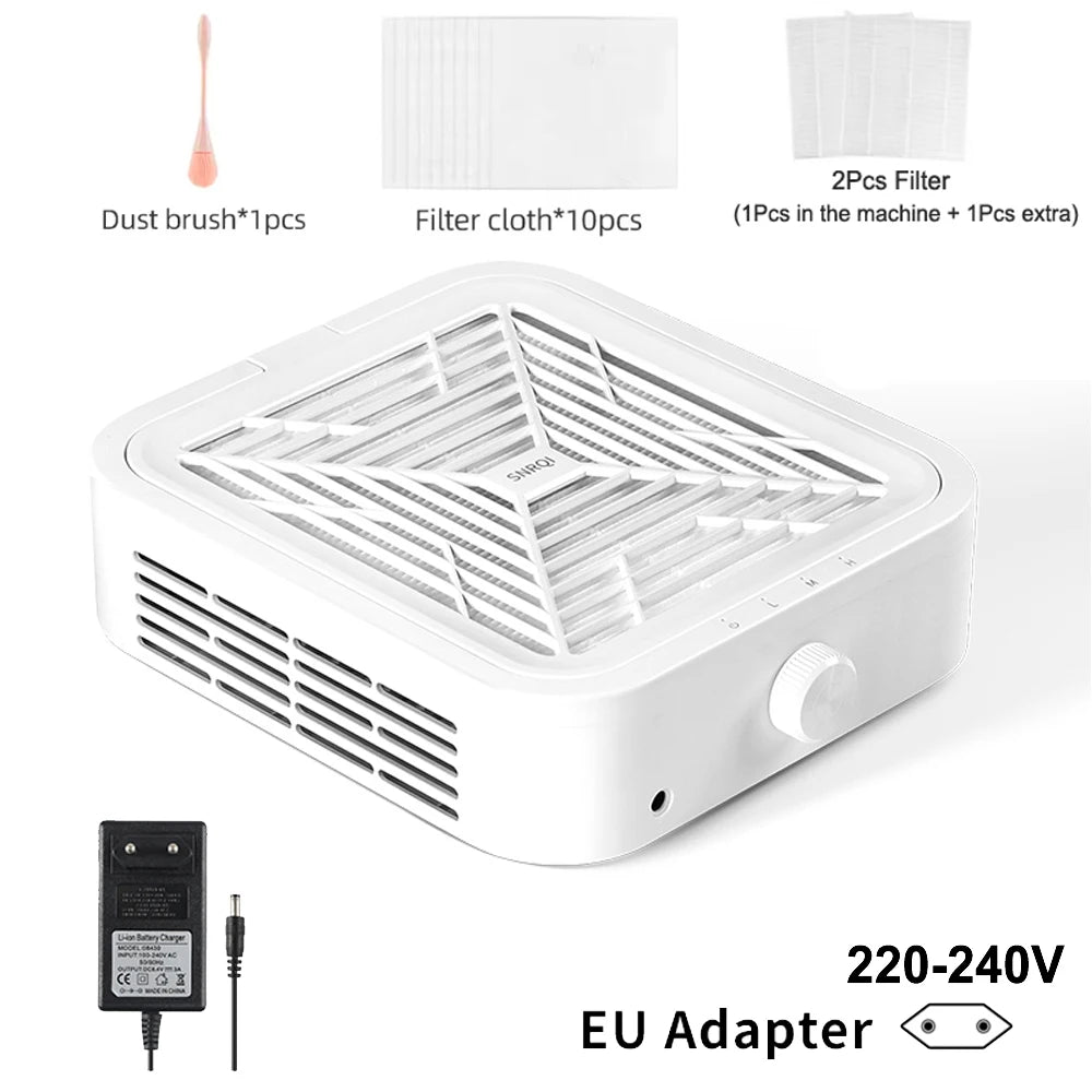Manicure Nail Dust Extractor with WL007 and WL005 Model Options, US or EU Adapter Labels and Listed WL007 Reusable Filter with Extra Filter